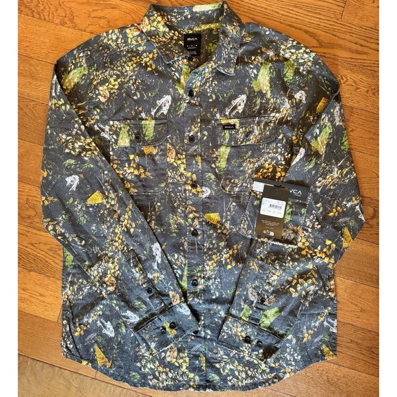 RVCA Jacket Mens Button Down Leaf Camo Long Sleeve Cotton Size Medium NWT - Picture 1 of 6